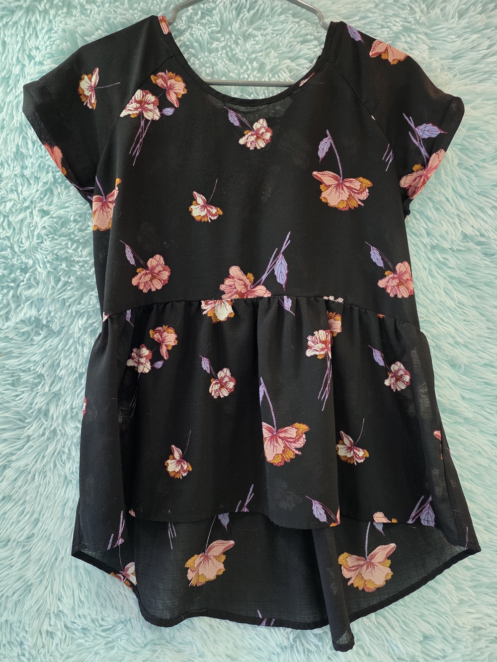 Jolt | Black Multi-Color‎ Floral Lace-Up Sheer Peplum Blouse | M